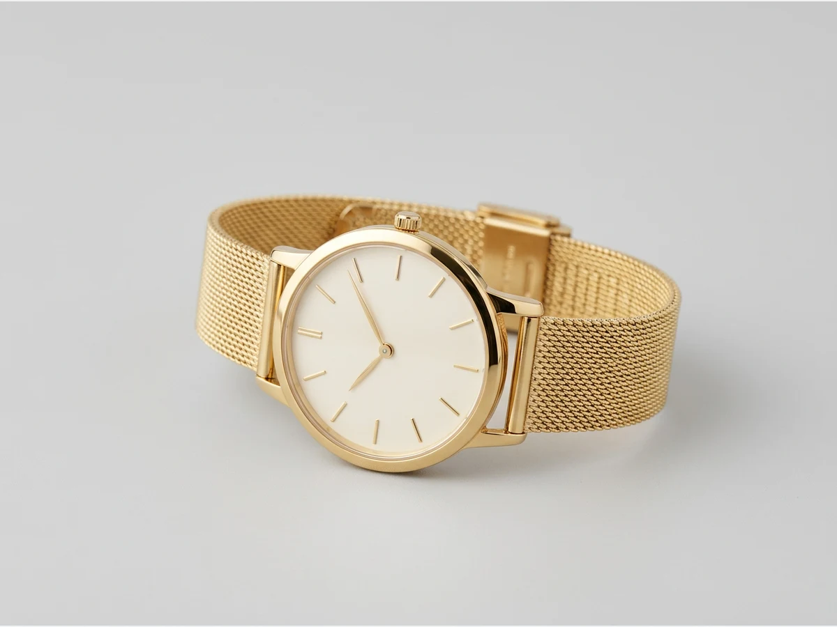 a wristwatch, product shot, a slim gold dress watch