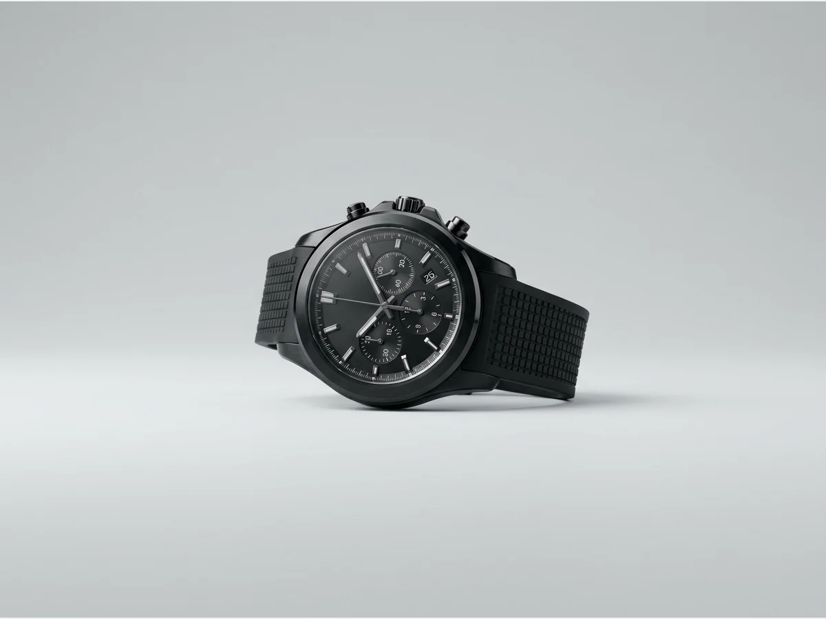 a wristwatch, product shot, a sport chronograph on a rubber strap