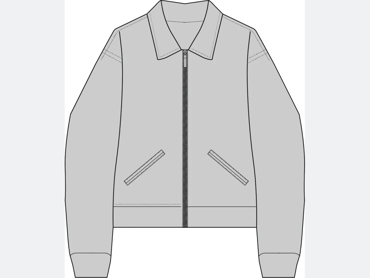 A technical flat sketch of a bomber jacket, drawn but not yet made of anything