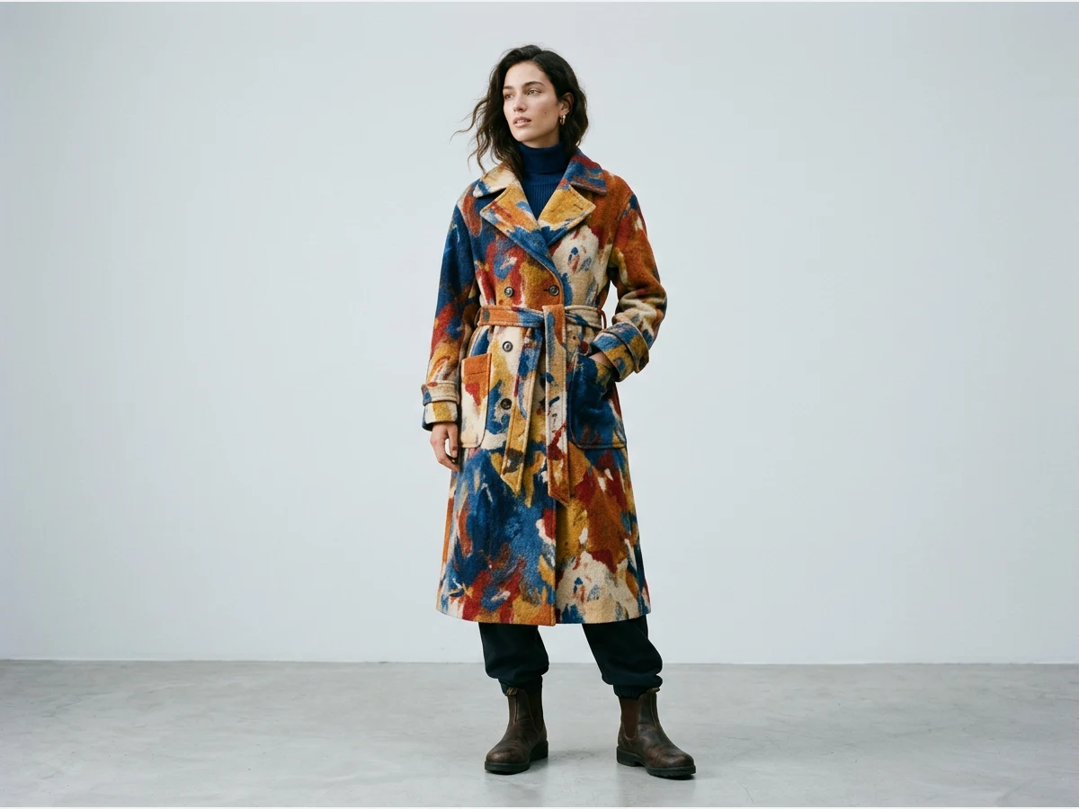 a wool coat printed with a painterly pattern, a coat in a painterly print