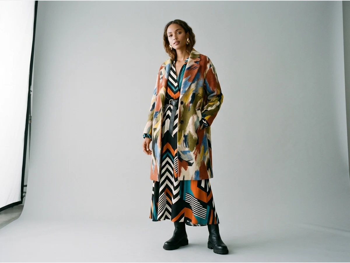 a wool coat printed with a painterly pattern, a dress with a graphic pattern