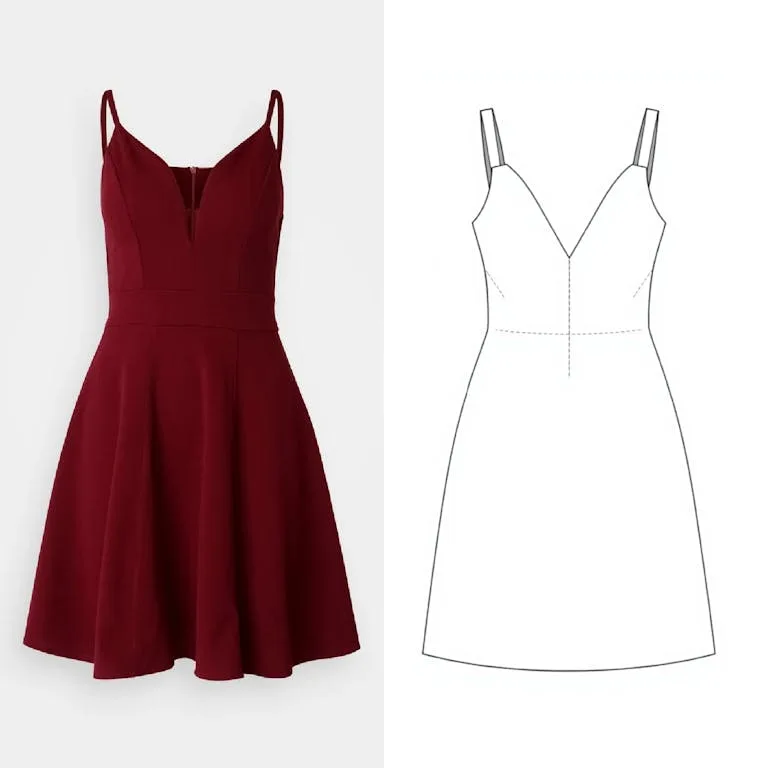 A burgundy strap dress photo beside the flat sketch drawn from it, ready for a tech pack