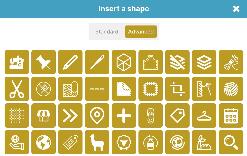 The advanced shape panel with garment icons for sewing, fabric, labels, hangers and care