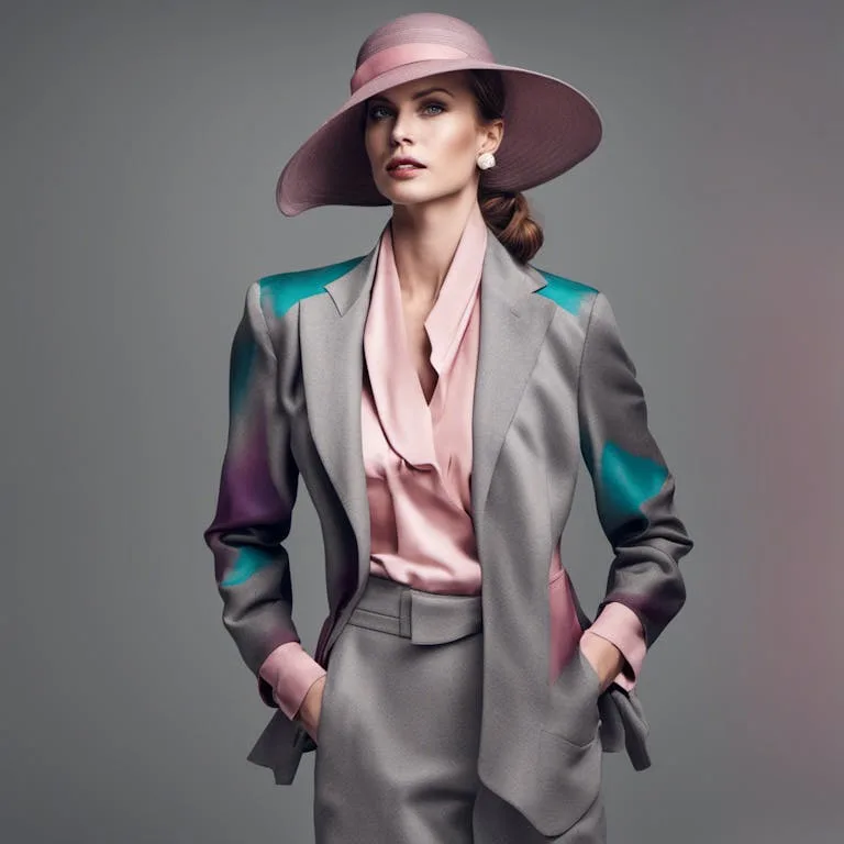 A gray tailored suit with pink and teal color blocking, generated inside a shared collection