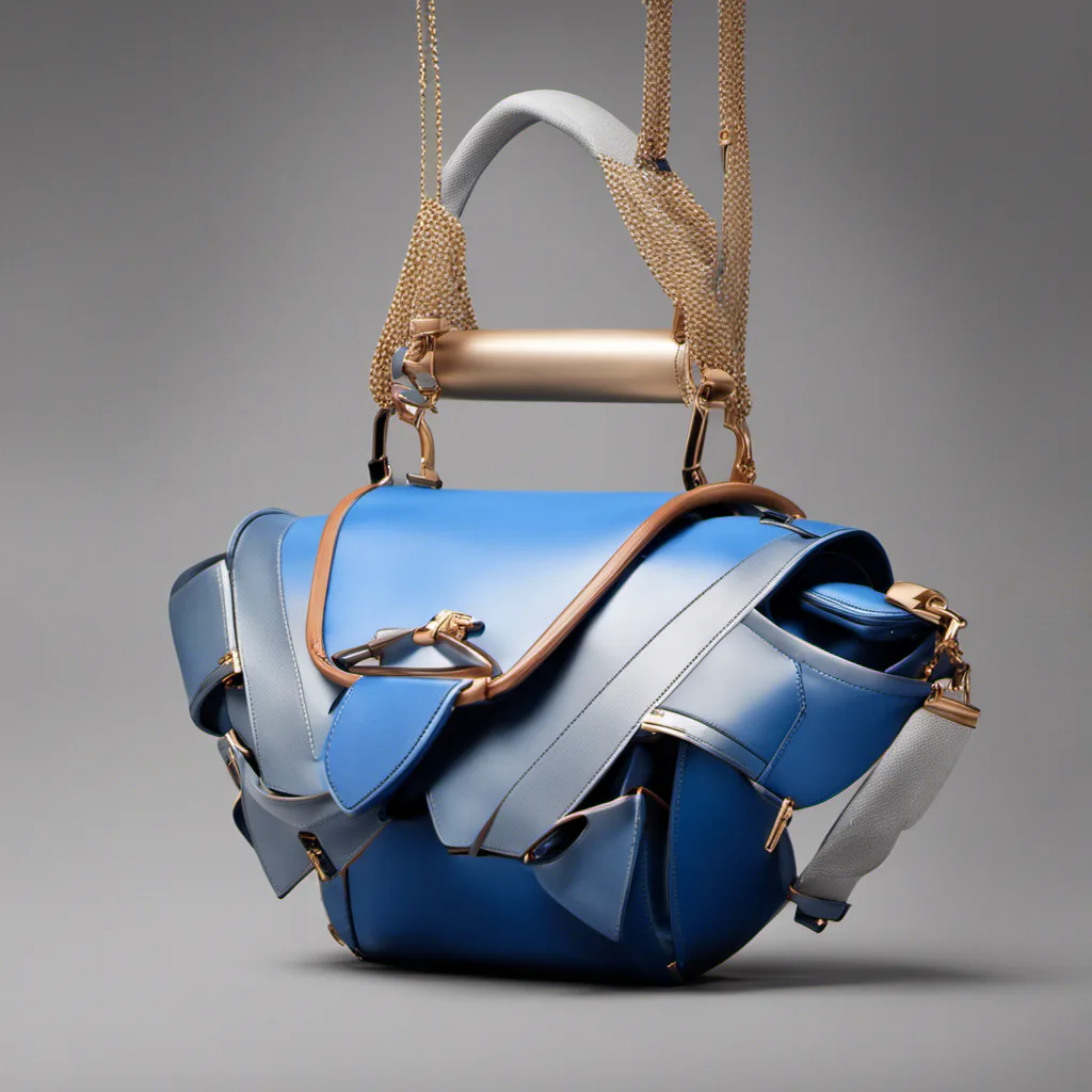 A blue leather handbag with gold hardware and a chain strap, designed in a shared collection