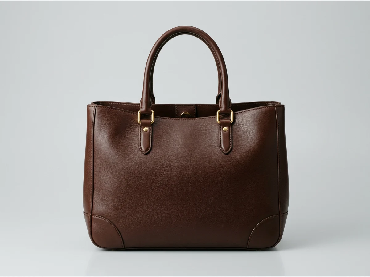 a designer handbag, product shot, a structured leather tote, front view