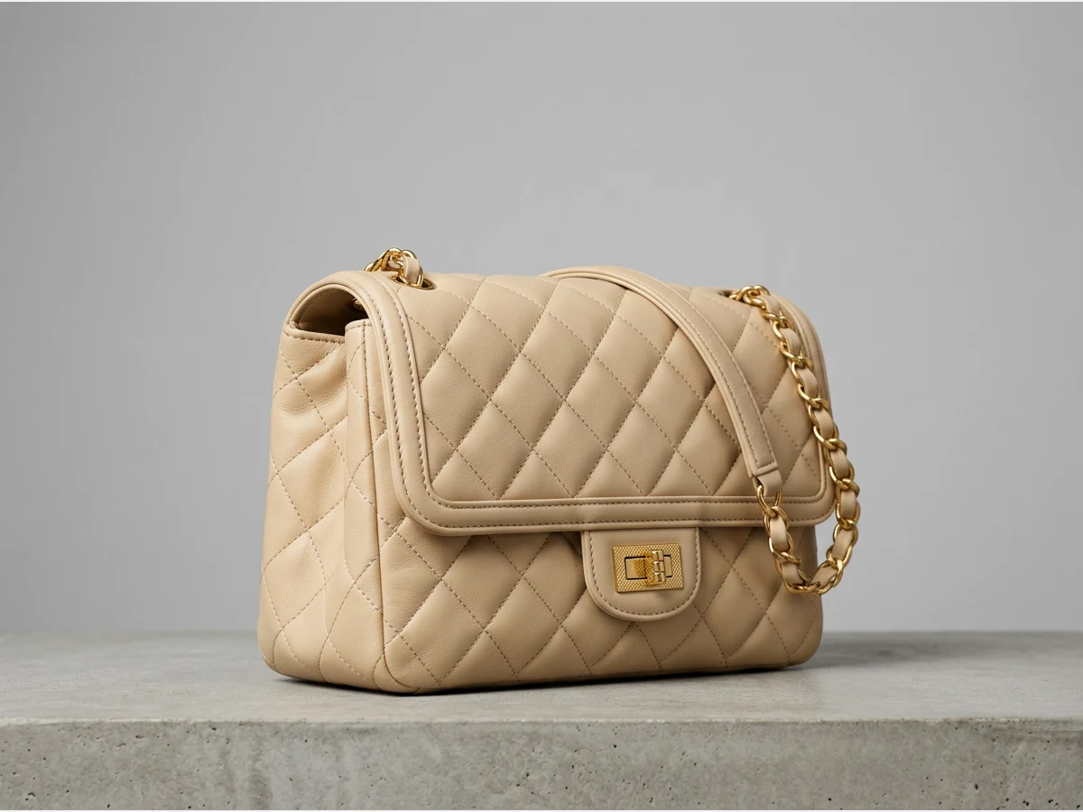 a designer handbag, product shot, a soft quilted shoulder bag