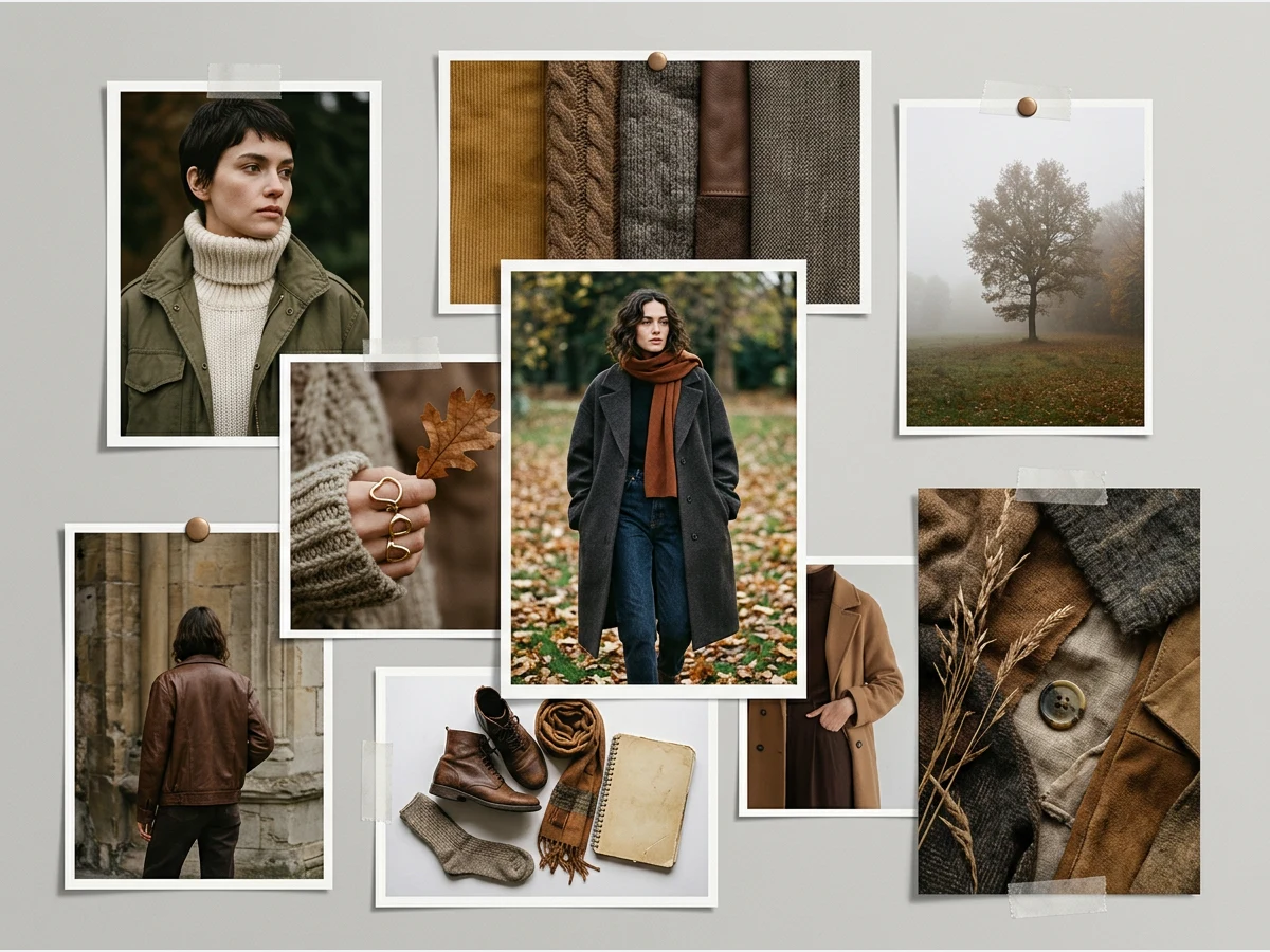 a fashion moodboard, several images arranged as one composition, a muted autumn palette