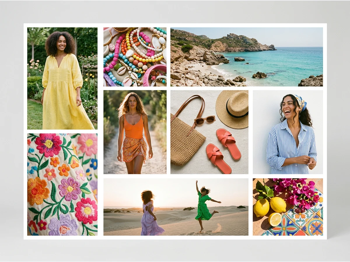 a fashion moodboard, several images arranged as one composition, a bright summer palette