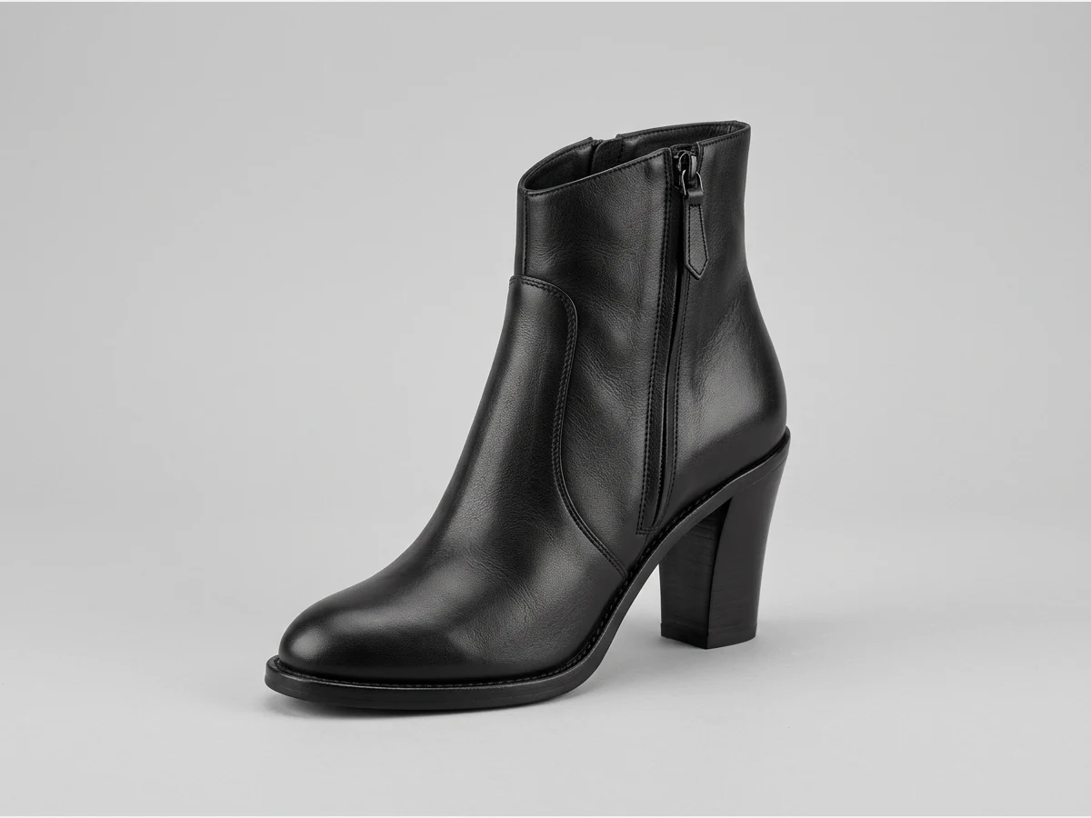 a designer shoe, product shot, a leather ankle boot, three quarter view