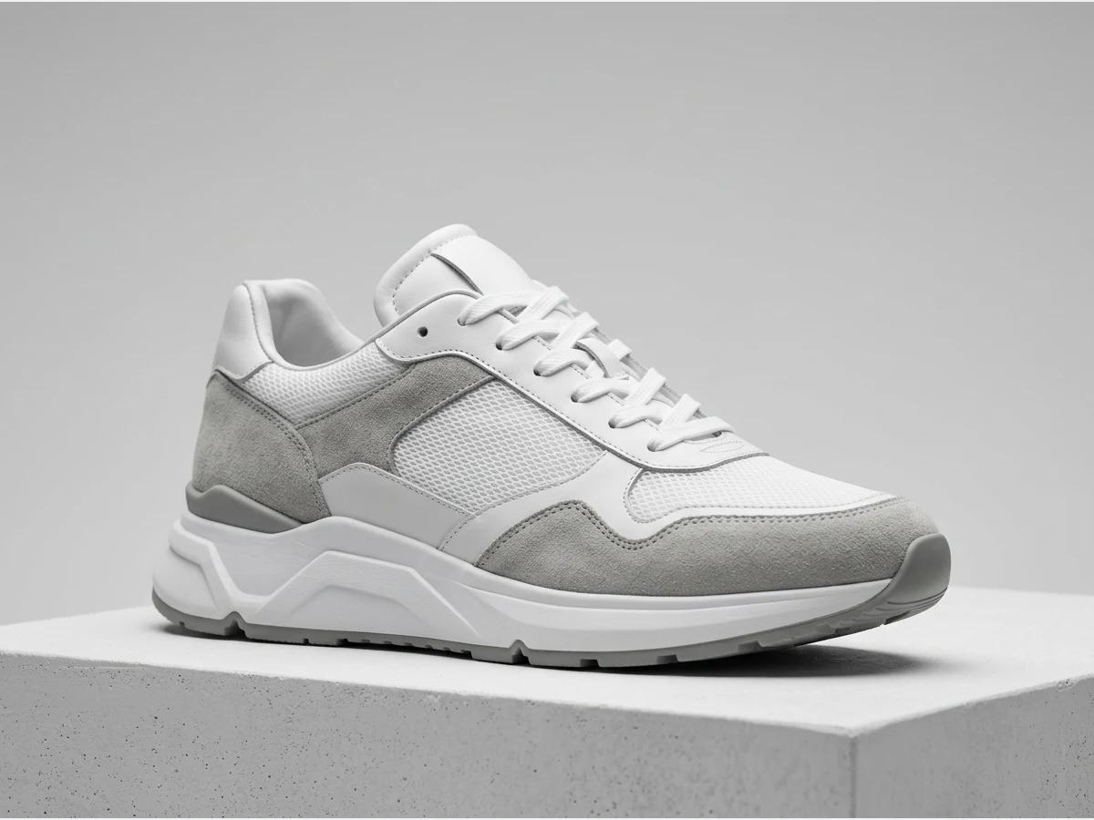 a designer shoe, product shot, a running sneaker in white and grey