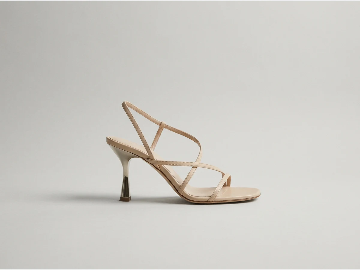 a designer shoe, product shot, a strappy heeled sandal