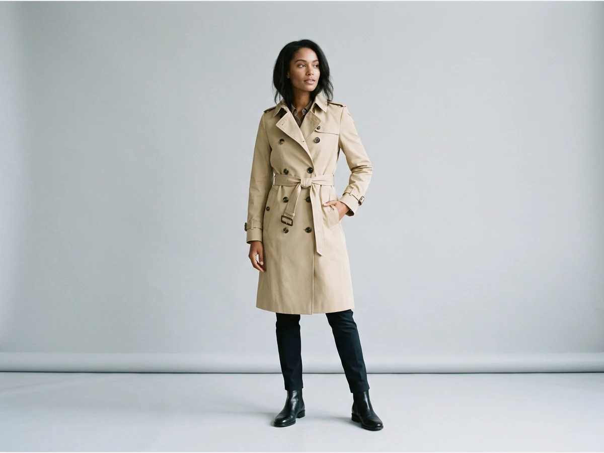 a woman photographed in a studio, her outfit replaced, wearing a beige trench coat