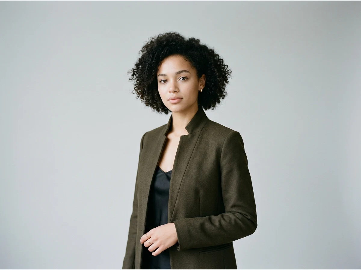 a fashion portrait of a model, studio light, one face, neutral expression