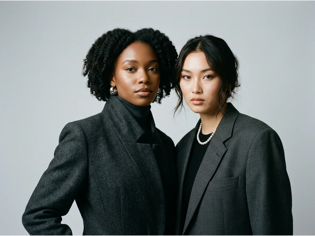 a fashion portrait of a model, studio light, a different face in the same frame