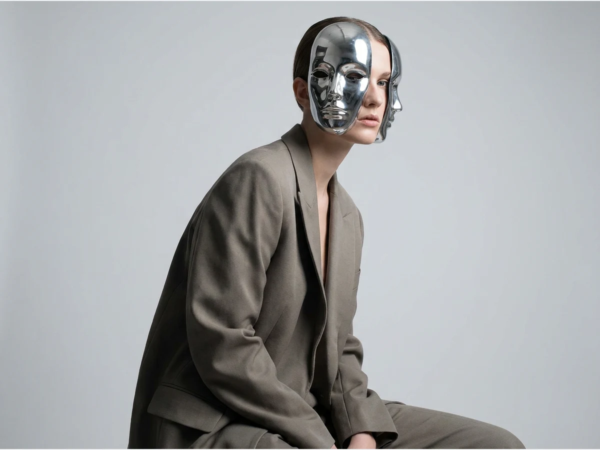 a fashion portrait of a model, studio light, a third face, same pose and light