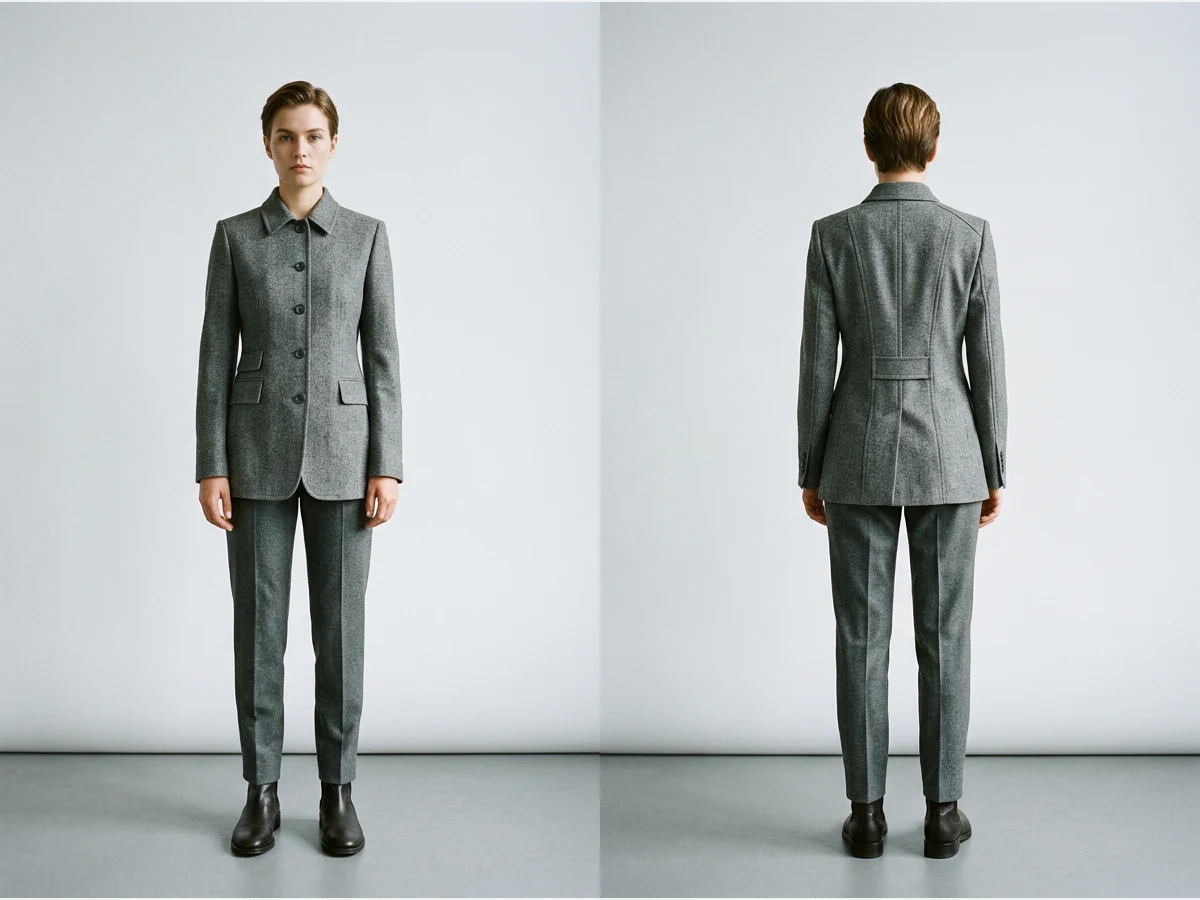 a garment shown front and back, a jacket, front view