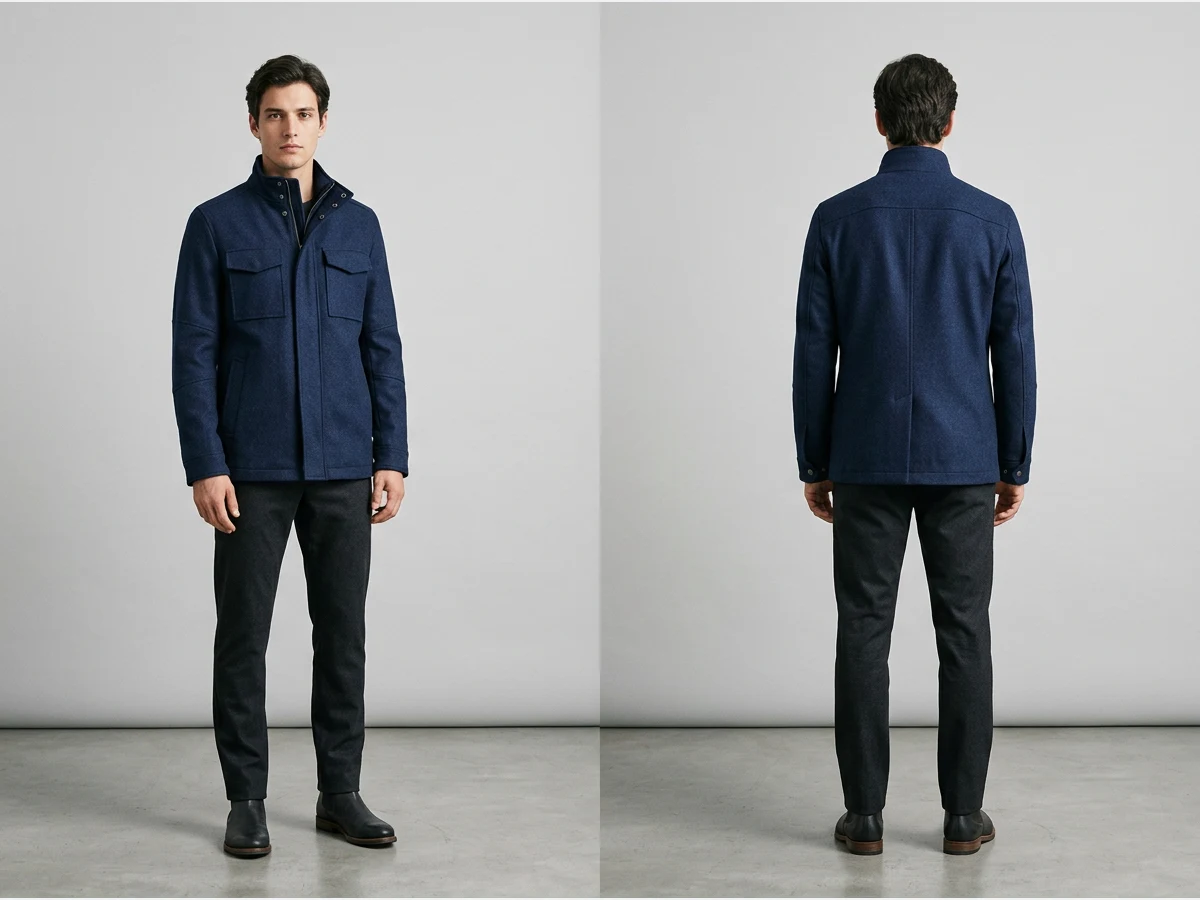 a garment shown front and back, the same jacket, back view