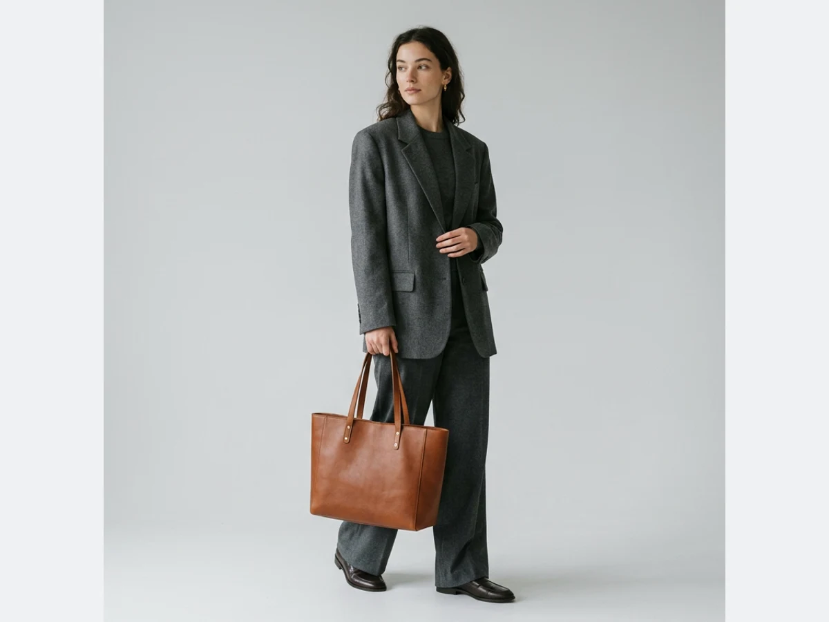 The same photograph extended, the studio, the whole figure and the bag now in frame
