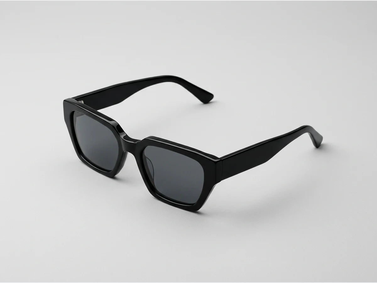 a pair of sunglasses, product shot, angular black frames