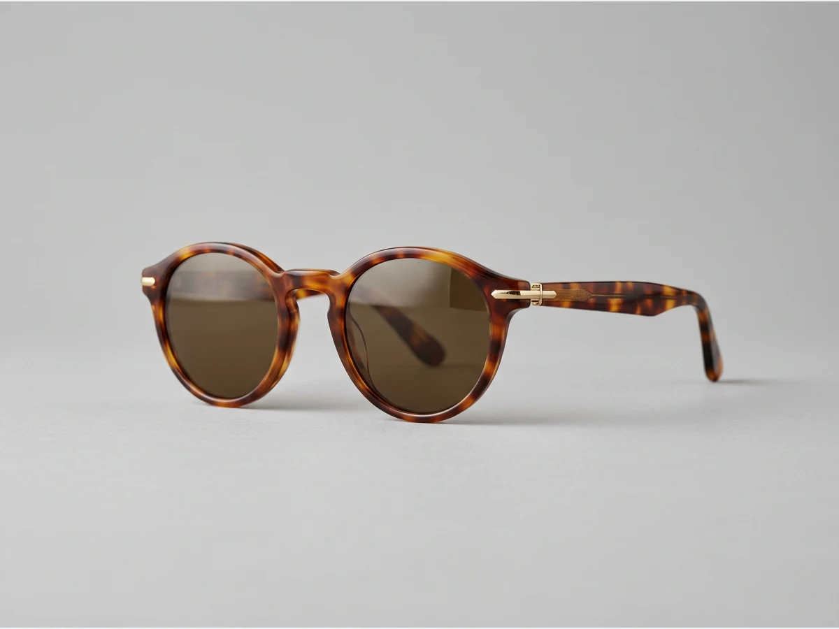 a pair of sunglasses, product shot, round tortoiseshell frames