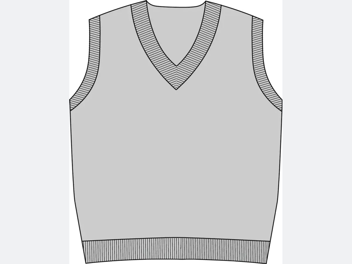A technical flat sketch of a V-neck knitted vest, drawn front view