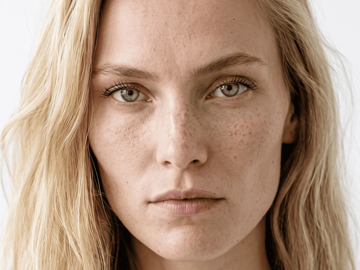 The same face after the HD pass, enlarged. The skin and the hair hold up