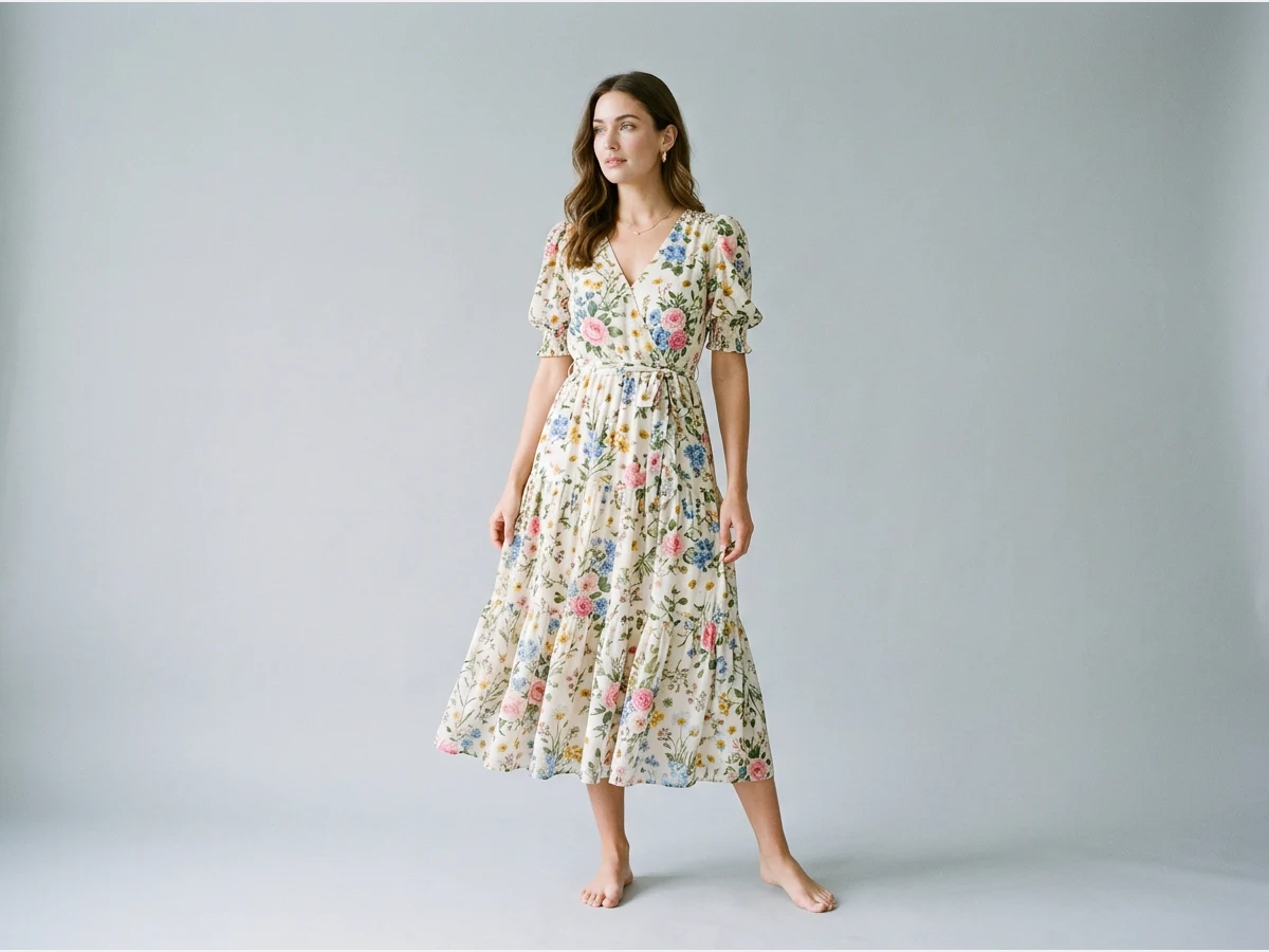 a woman wearing a dress, studio photograph, a floral midi dress