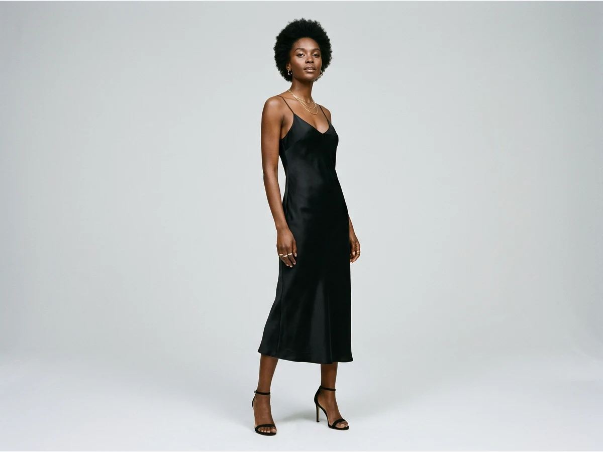 a woman wearing a dress, studio photograph, a black slip dress