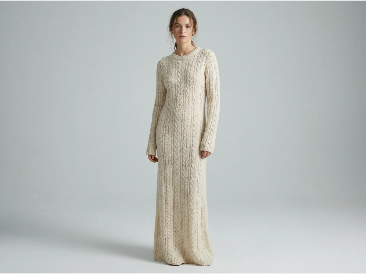 a woman wearing a dress, studio photograph, a knitted long dress