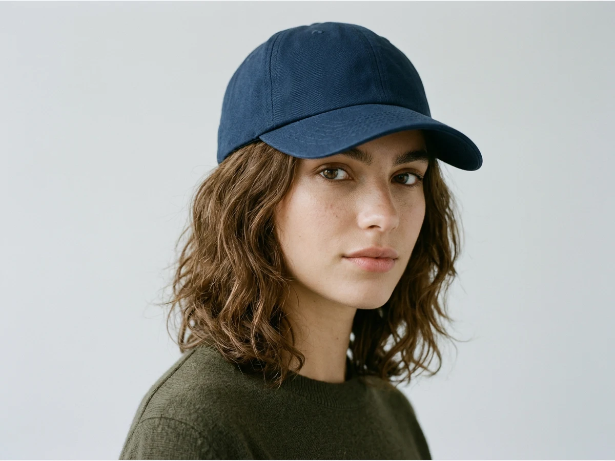 a model wearing a cap, a baseball cap, close portrait