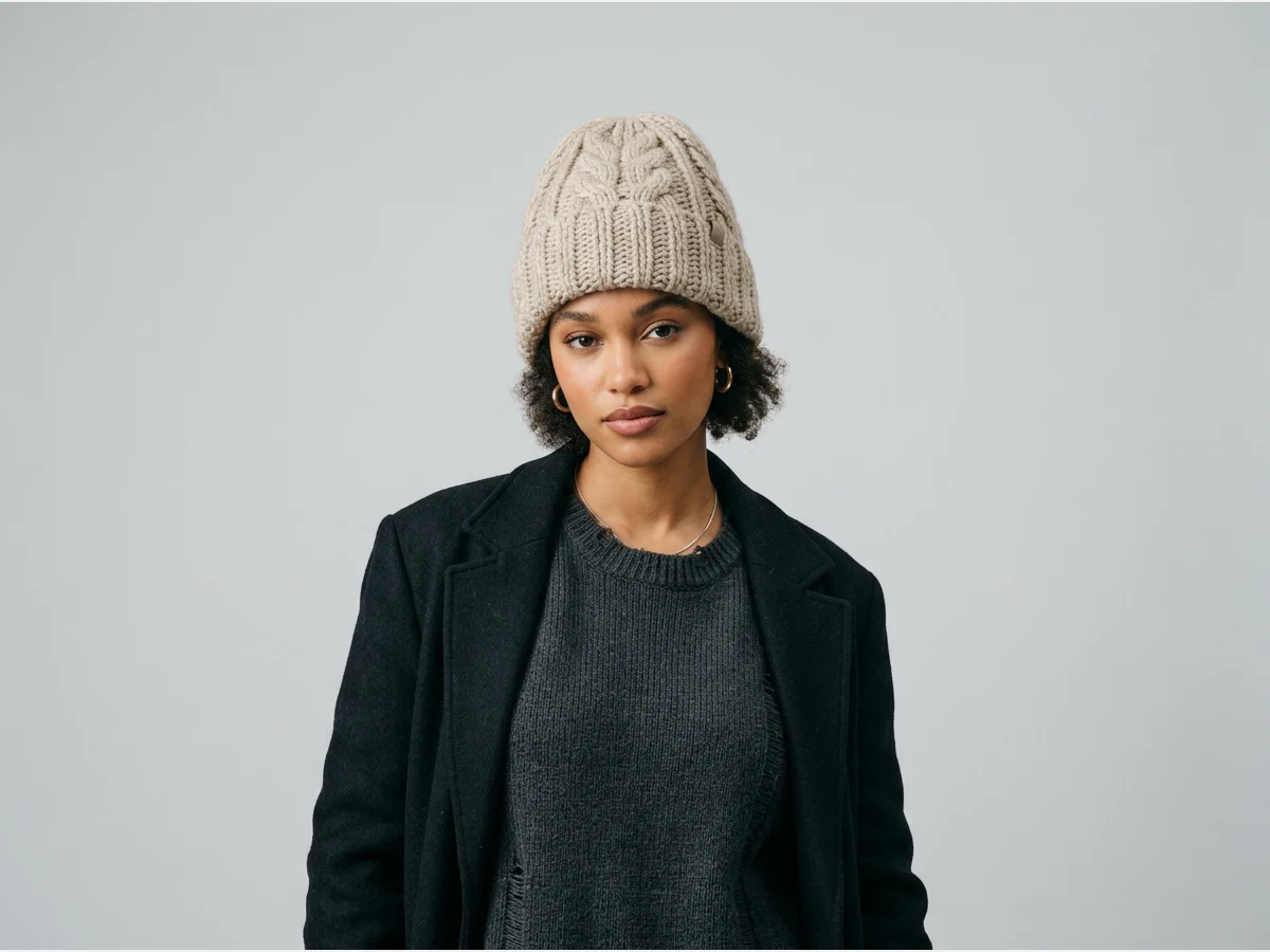 a model wearing a cap, a knitted beanie