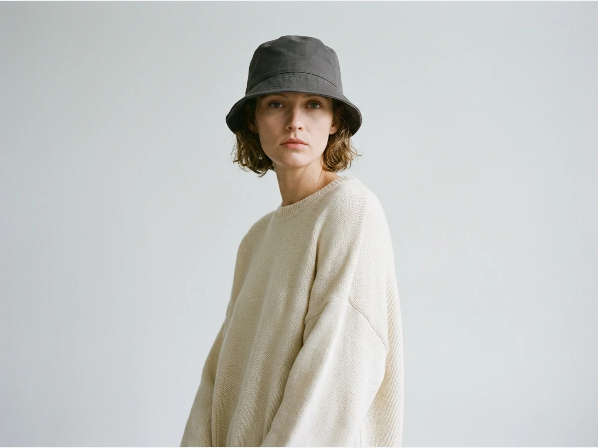 a model wearing a cap, a bucket hat