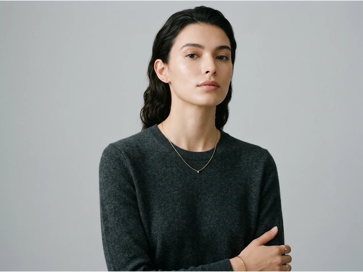 a model wearing a necklace, a fine chain at the collarbone