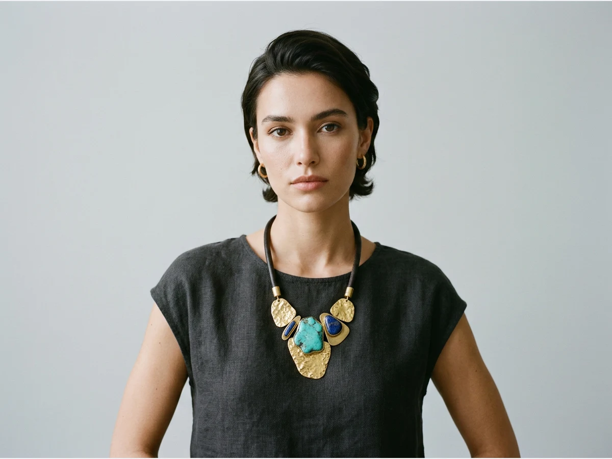 a model wearing a necklace, a statement pendant