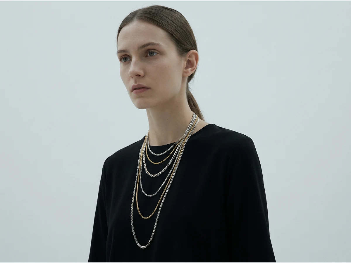 a model wearing a necklace, layered chains