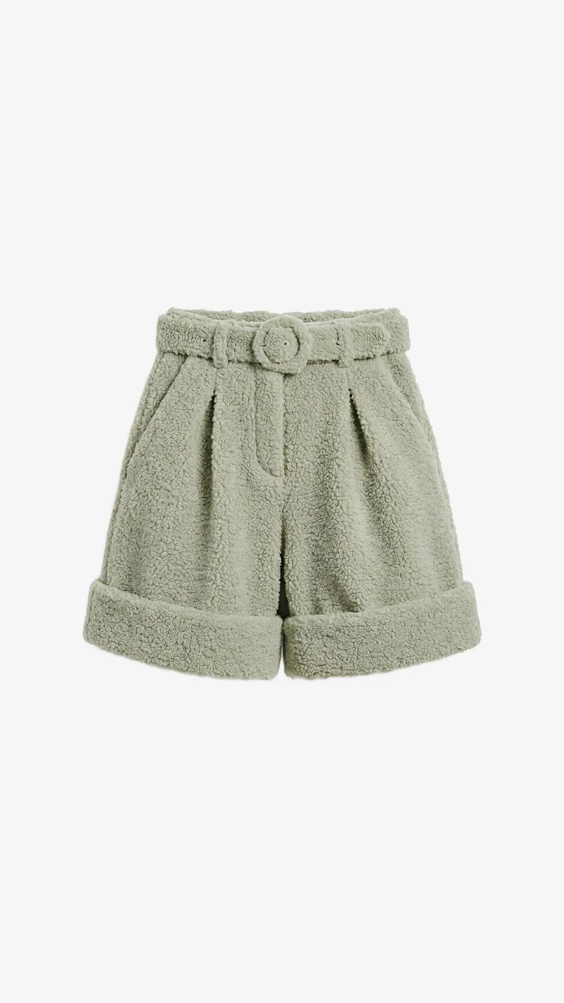 Sage teddy shorts with a belt