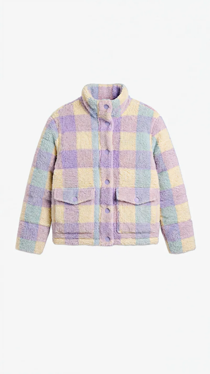 A pastel check fleece puffer jacket